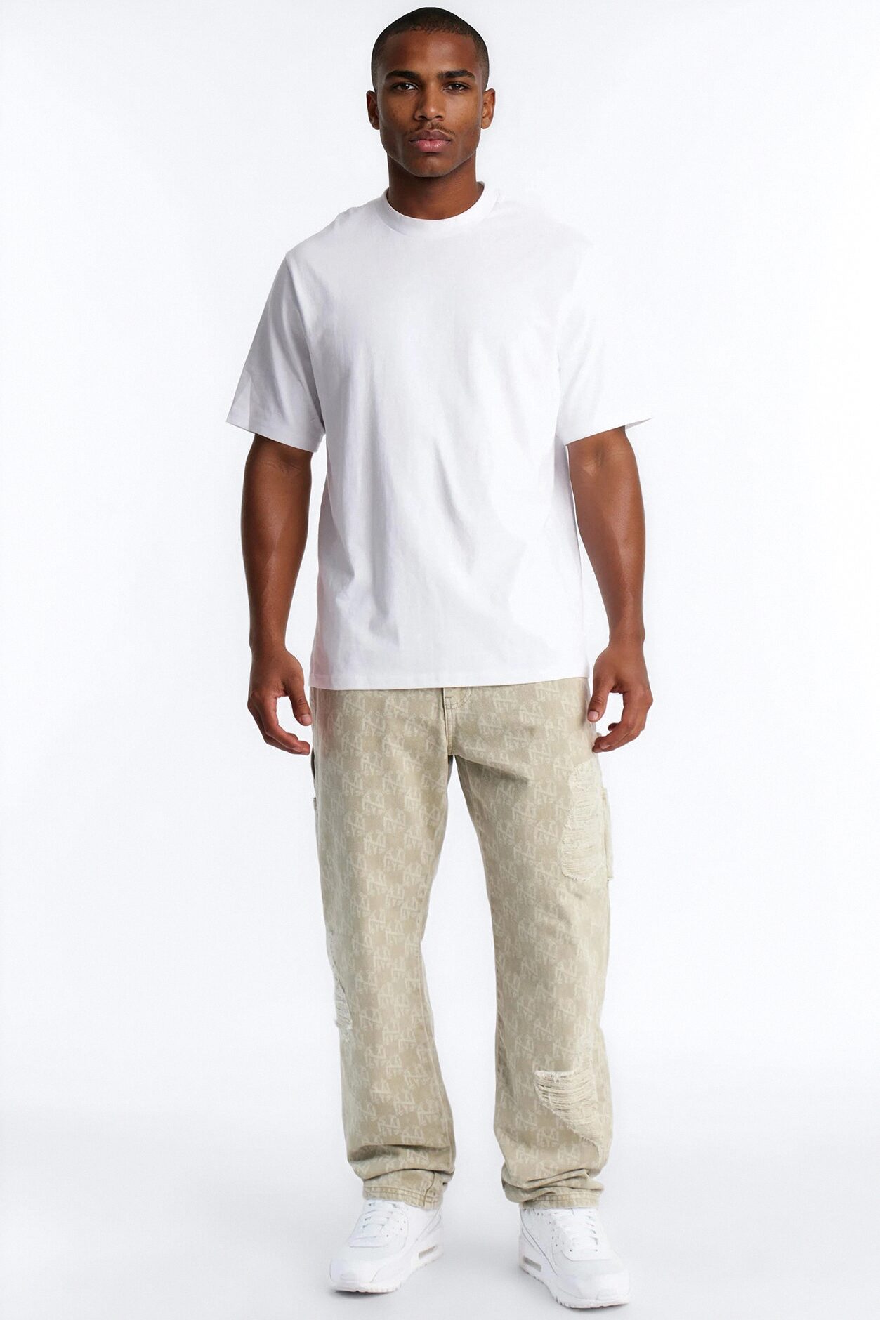 Straight Break Wide Monogram Distressed Jean - Sage