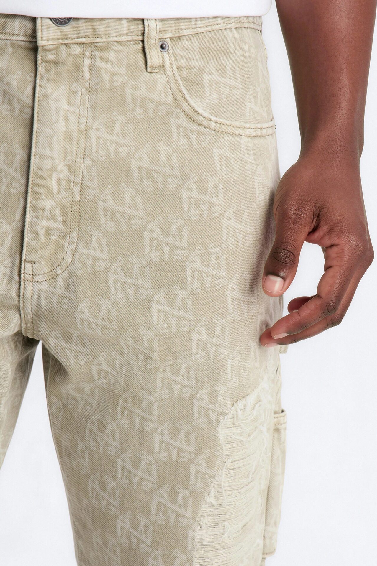 Straight Break Wide Monogram Distressed Jean - Sage
