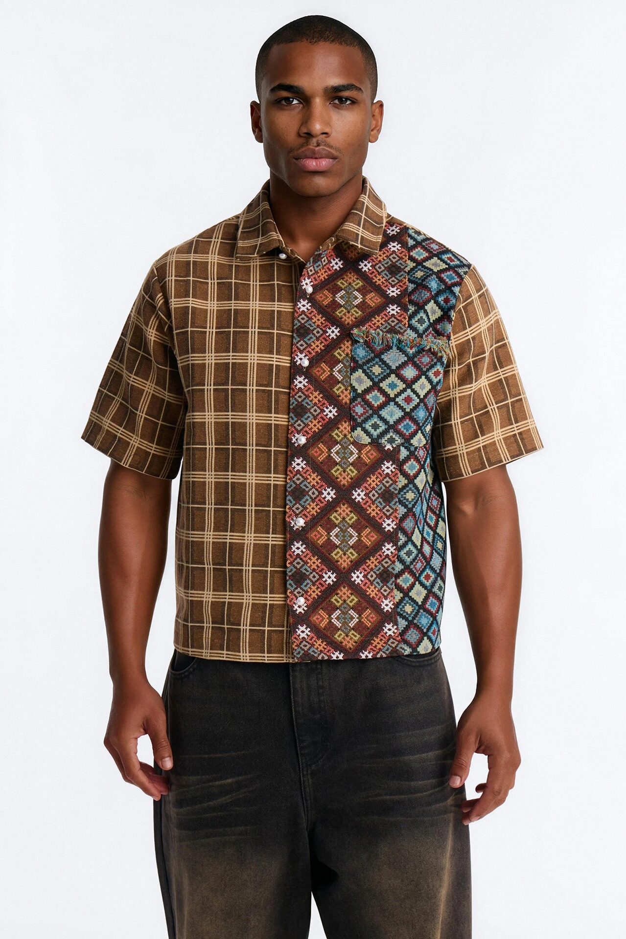 Trippy Mixed Media Button Up Shirt - Brown