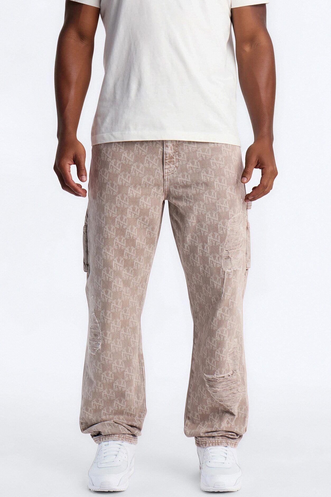 Straight Break Wide Monogram Distressed Jean - Khaki