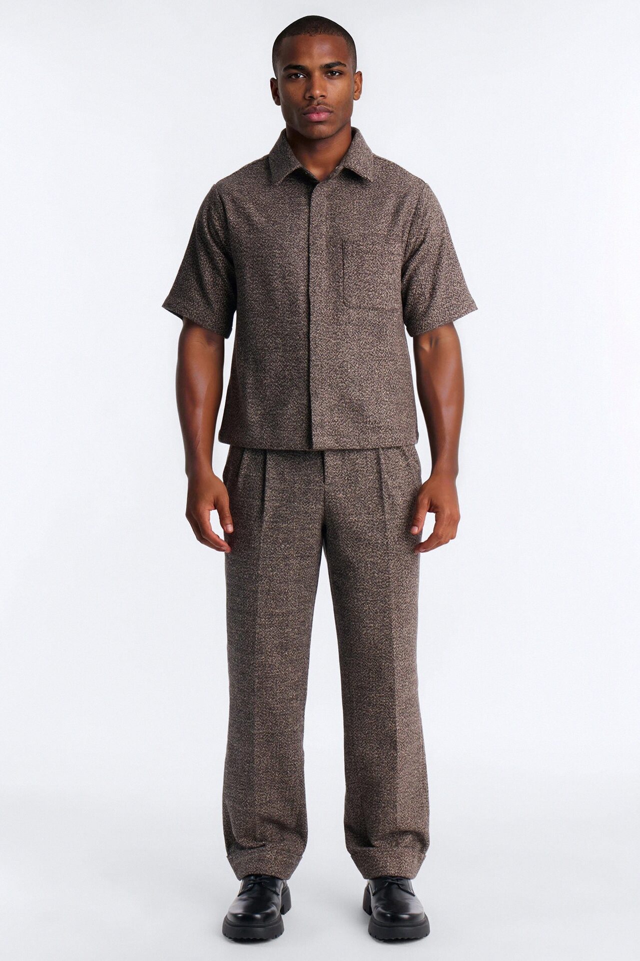 Straight Heathered Faux Wool Cuffed Trouser - Brown/combo