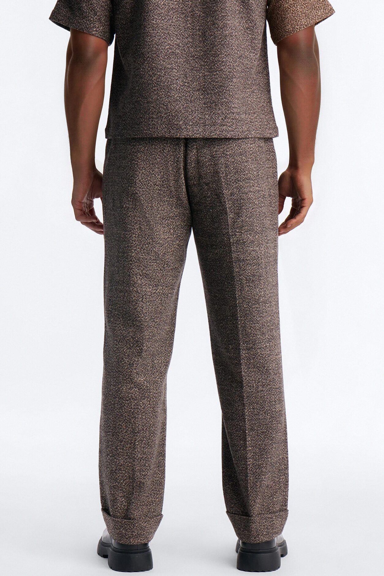 Straight Heathered Faux Wool Cuffed Trouser - Brown/combo