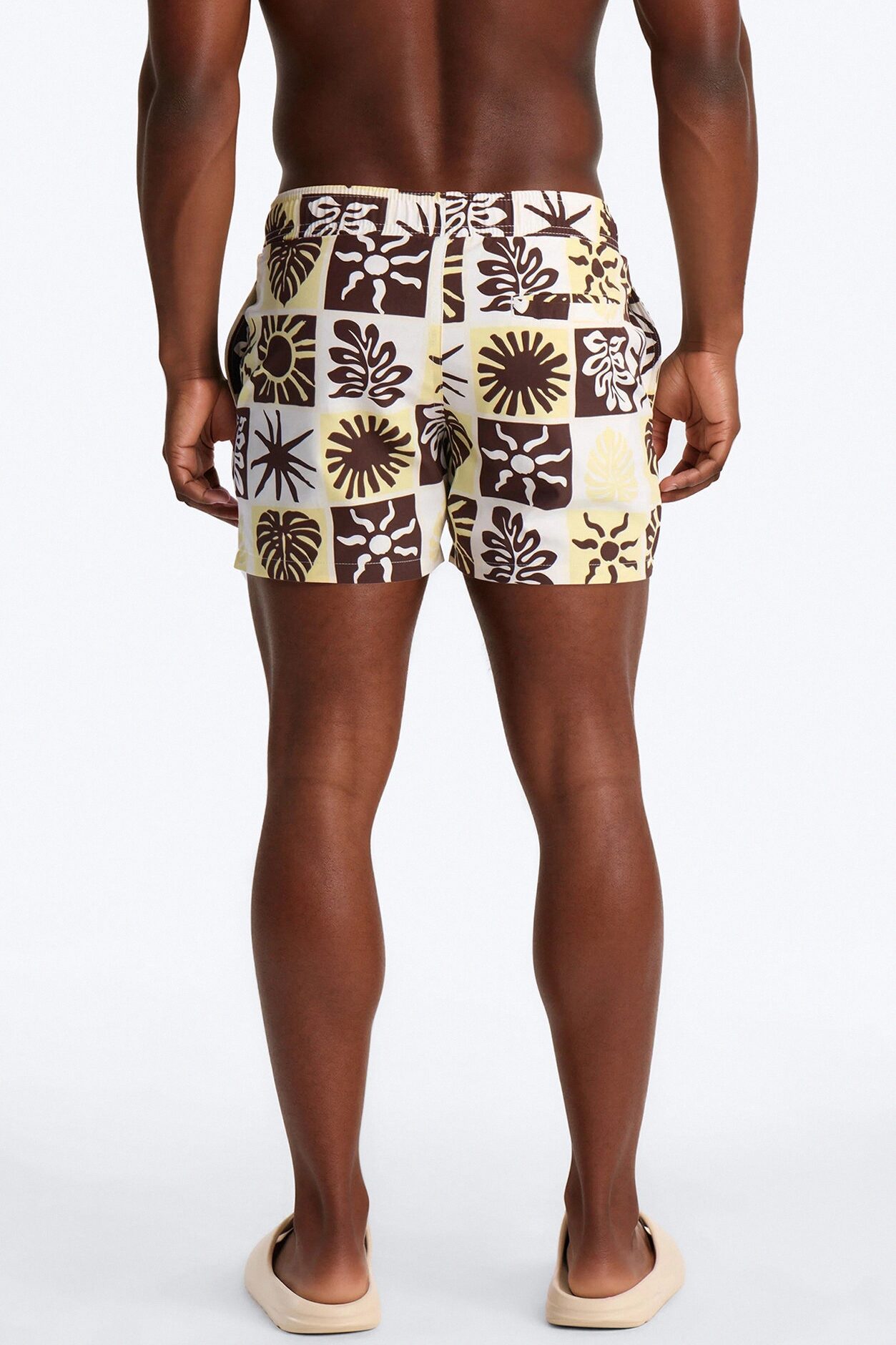 Solar Foliage Checkered Swim Trunk 4″ - Brown