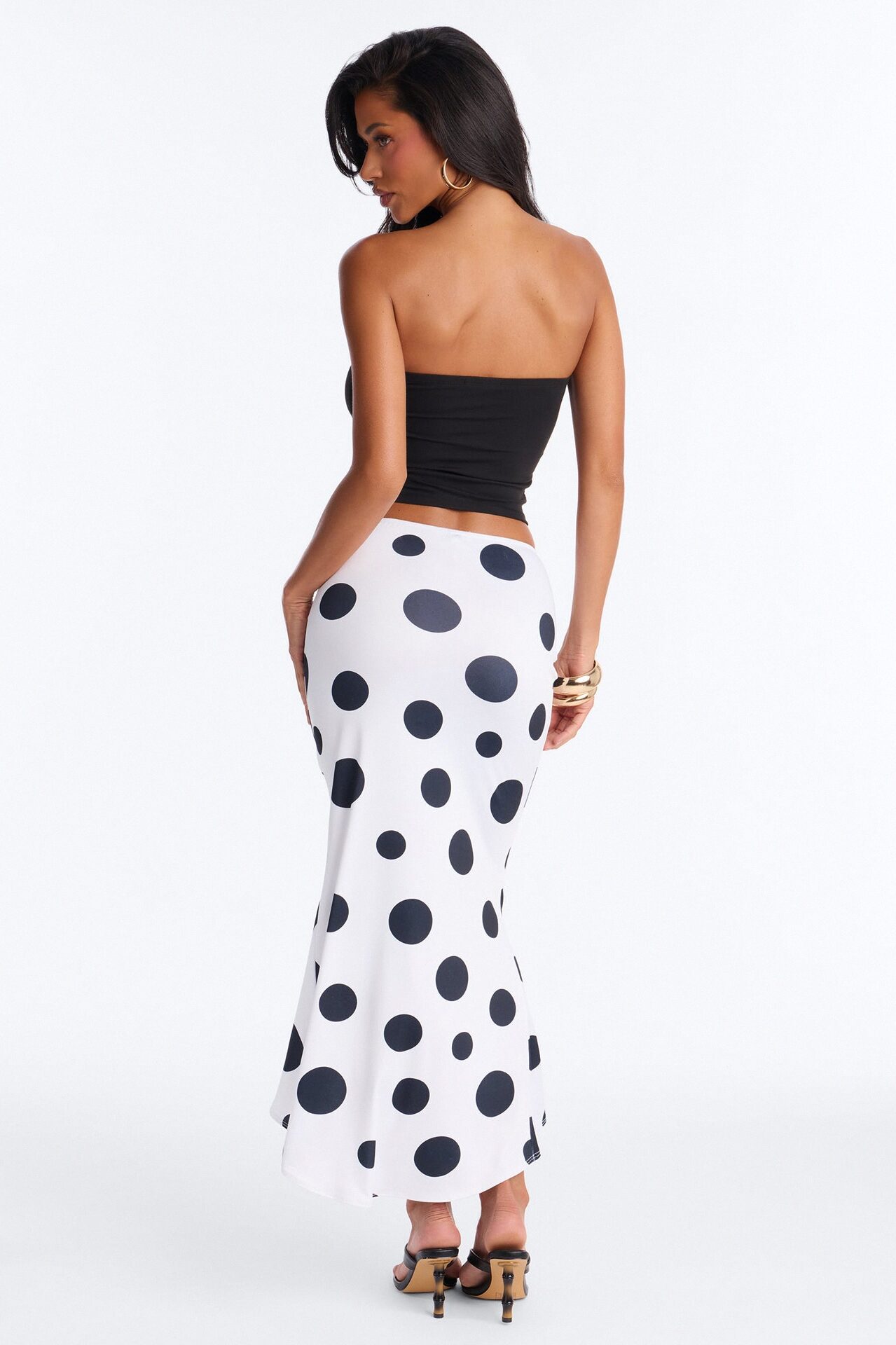 Mila Ruched Polka Dot Midi Skirt - White/Black