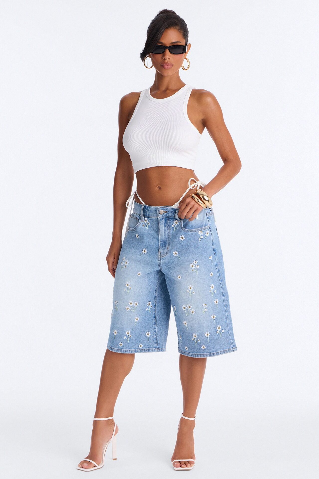 Planting Dreams Floral Embroidered Denim Jorts - Light Wash