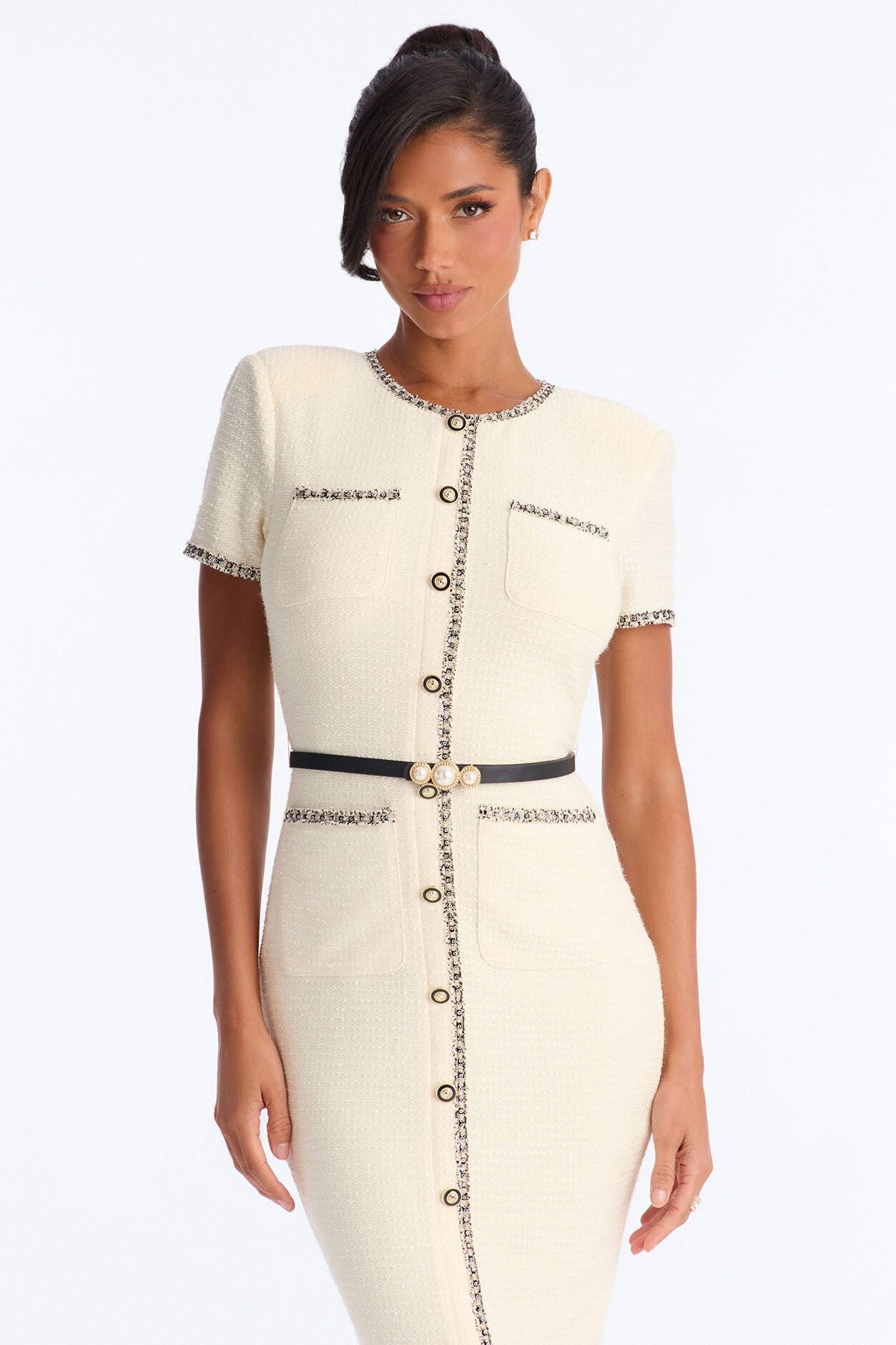 Monique Short Sleeve Tweed Midi Dress - Cream