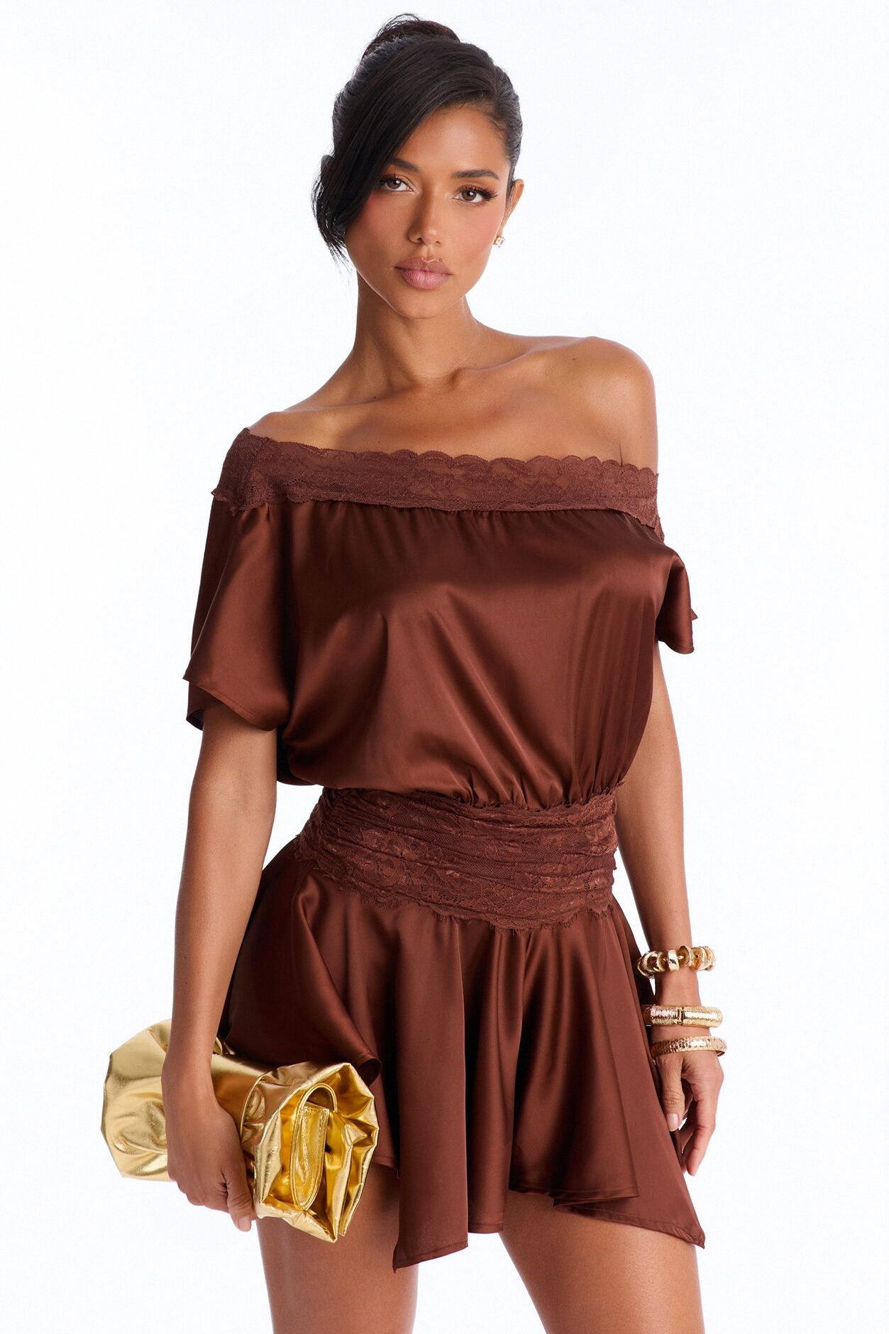 Irina Satin Off Shoulder Lace Romper - Chocolate