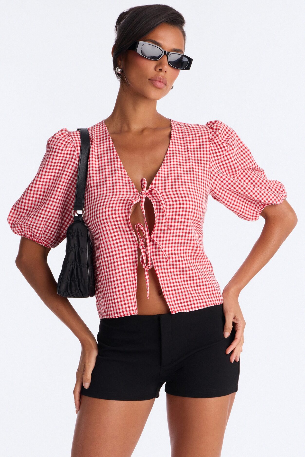 Taylor Gingham Bow Short Sleeve Top - Red/combo