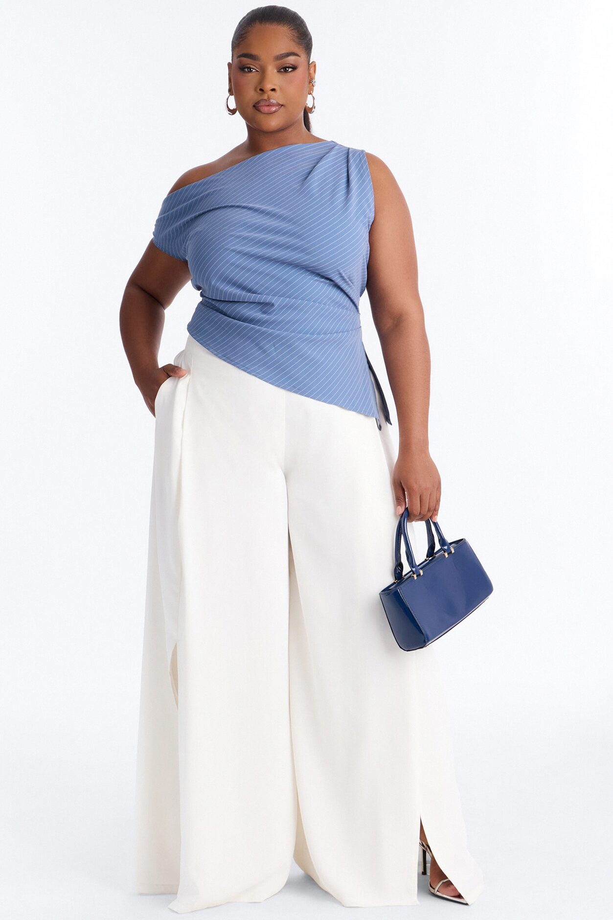 Out Of Office One Shoulder Pinstripe Top - Blue/combo