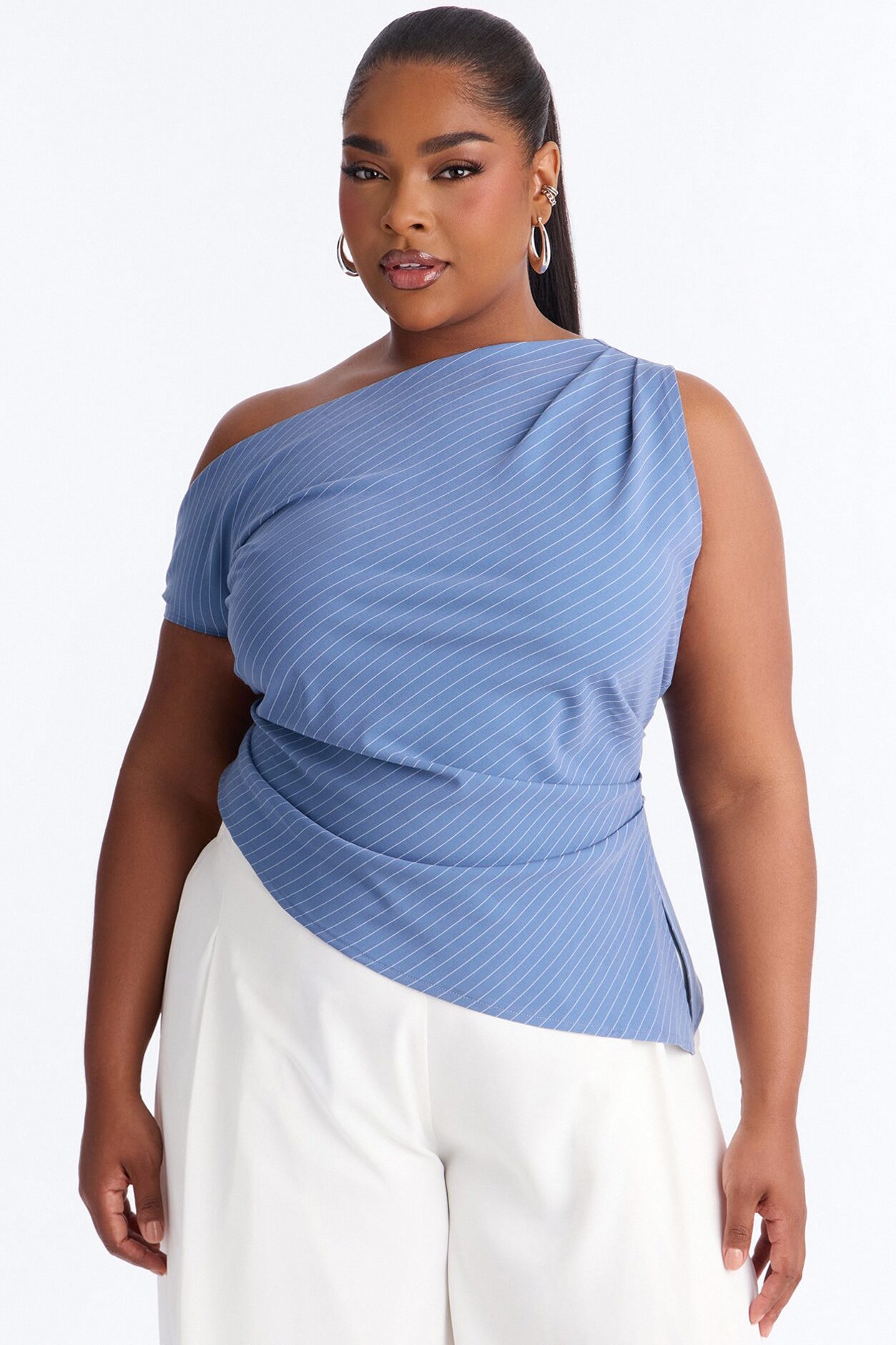 Out Of Office One Shoulder Pinstripe Top - Blue/combo