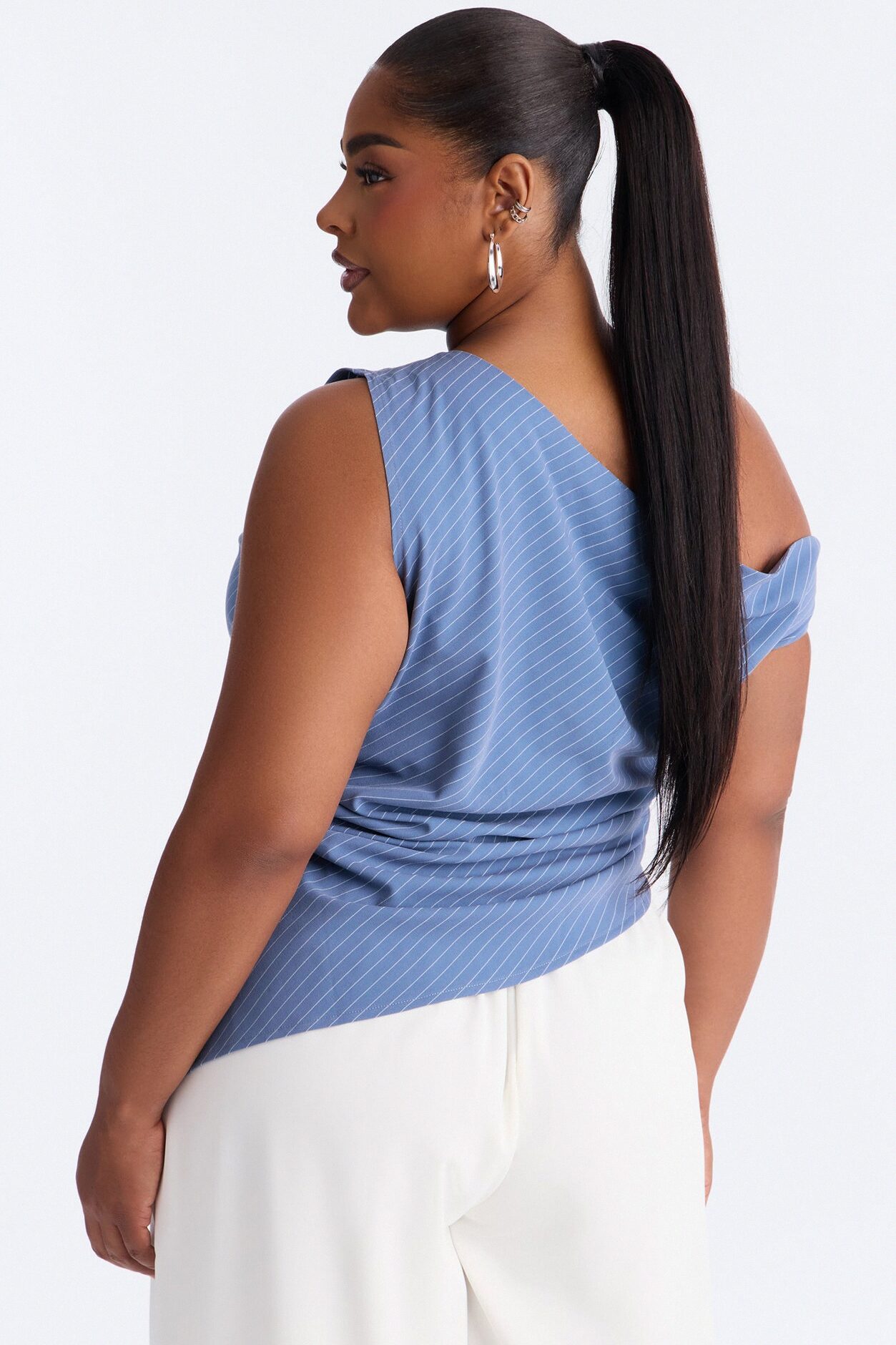 Out Of Office One Shoulder Pinstripe Top - Blue/combo