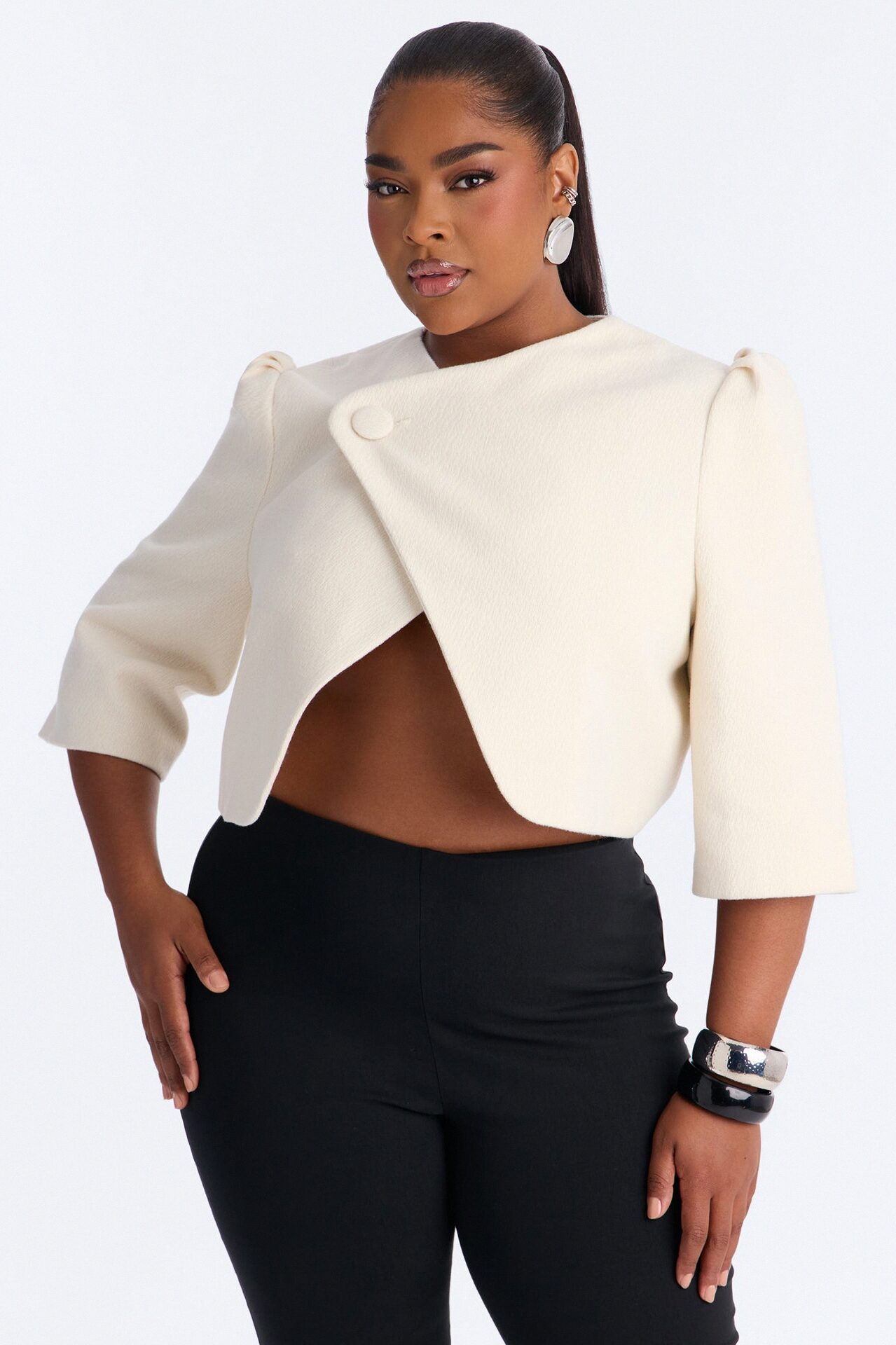 Kate Cropped Short Sleeve Crossover Blazer - White