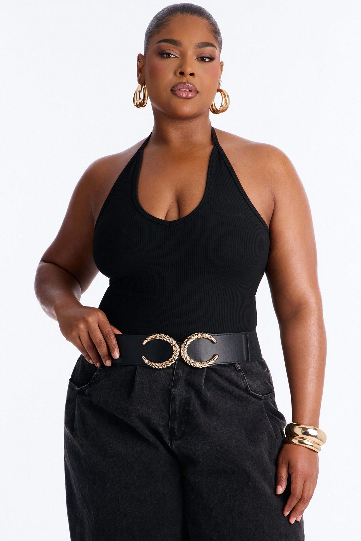 Two Moons Faux Leather Wide Stretch Belt - Black