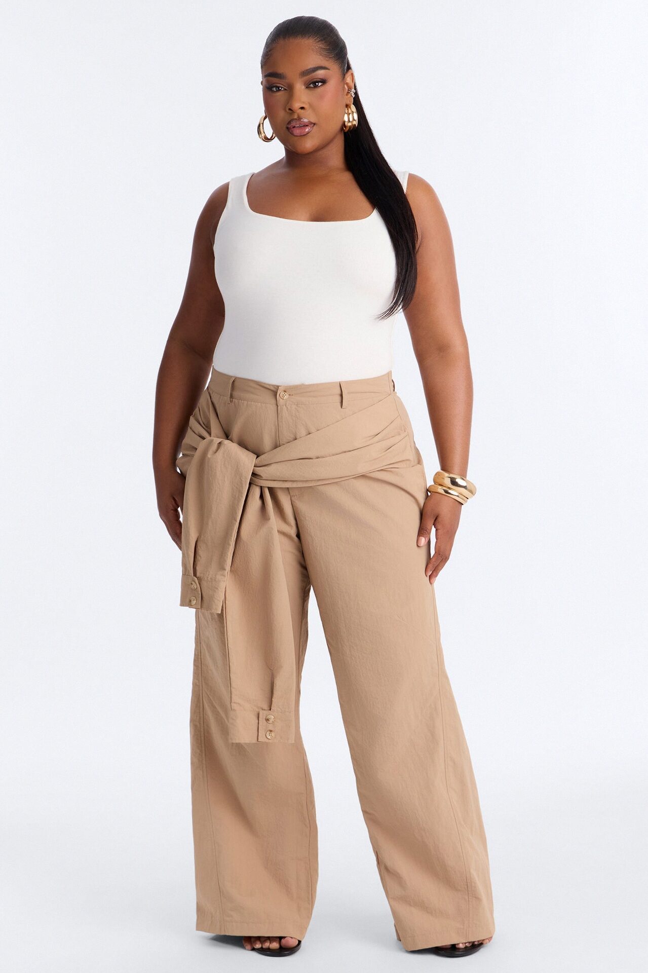 Not Your Man's Button Up Wrap Waist Wide Leg Trouser - Khaki