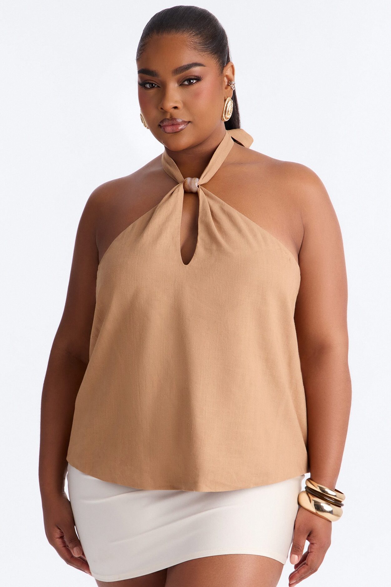 Iced Coffee Beaded Linen Halter Top - Camel