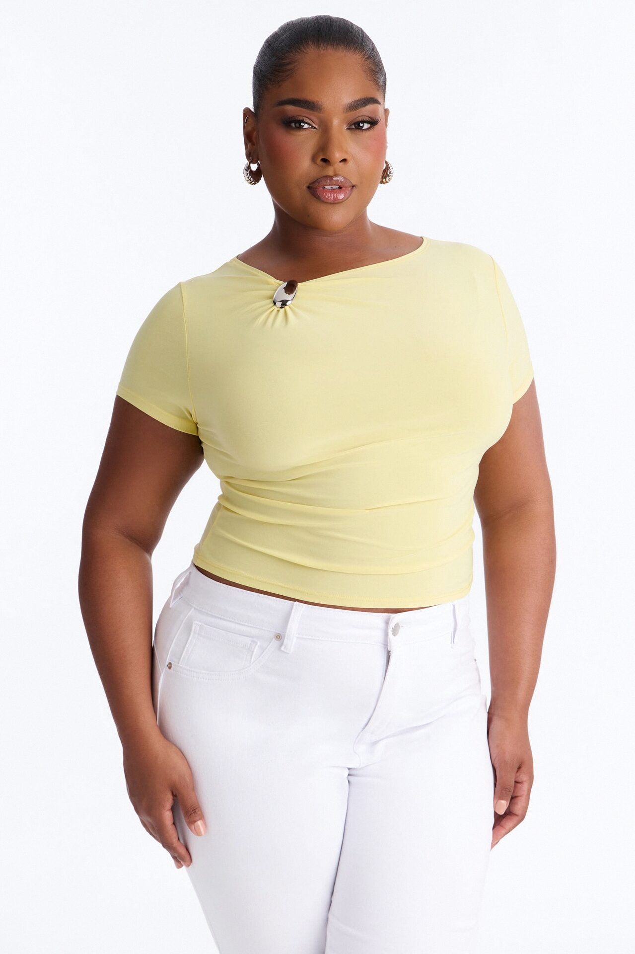 Lexi Hardware Asymmetrical Neck Short Sleeve Top - Butter Yellow