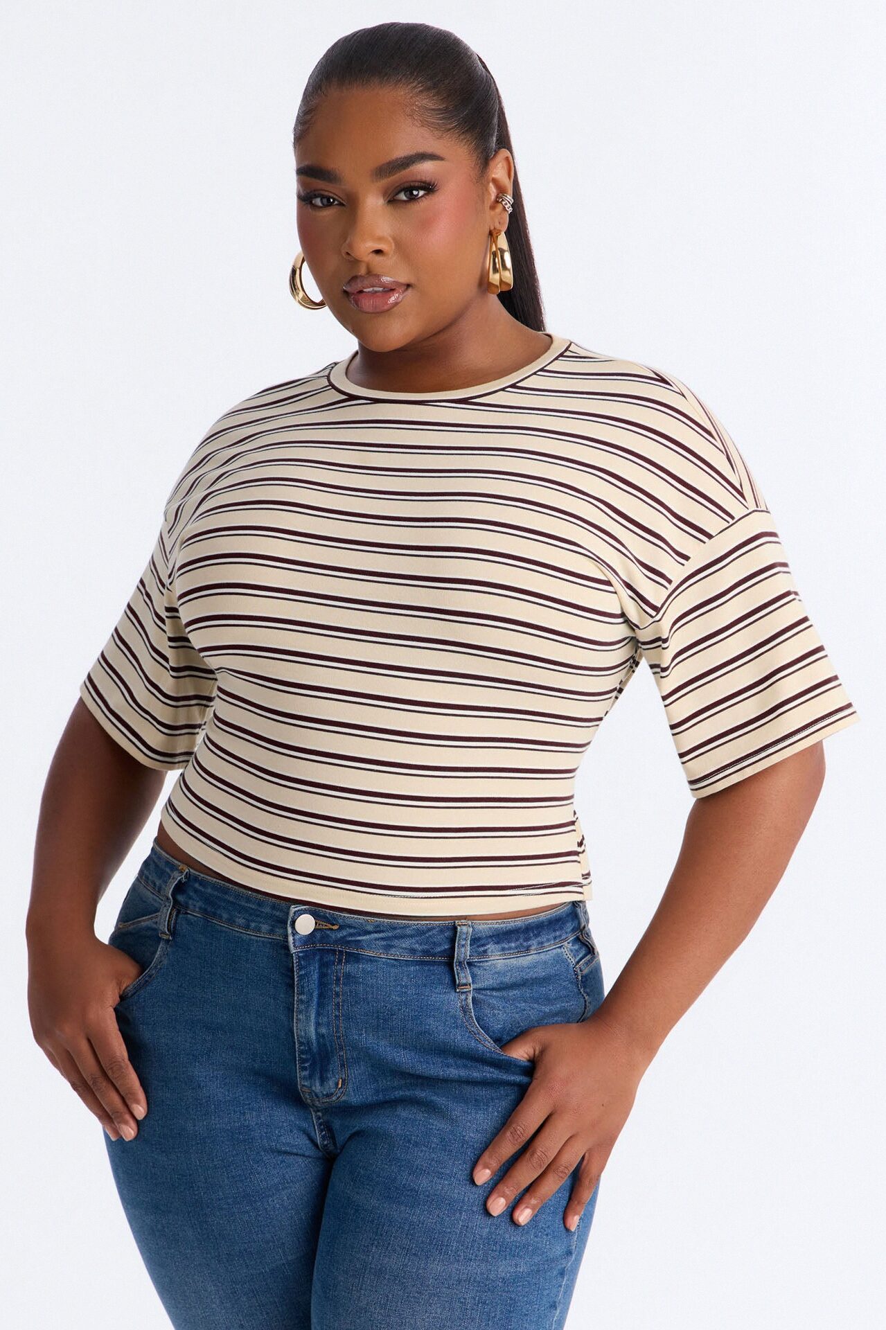 Street Ease Striped Sinched Waist T-Shirt - Brown/combo