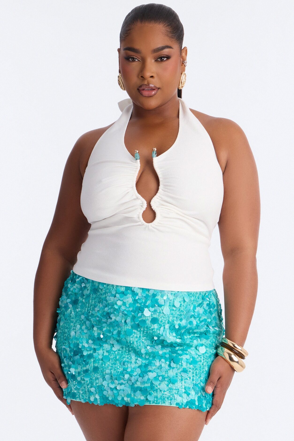 Haley Hardware Ruched Ribbed Halter Top - White