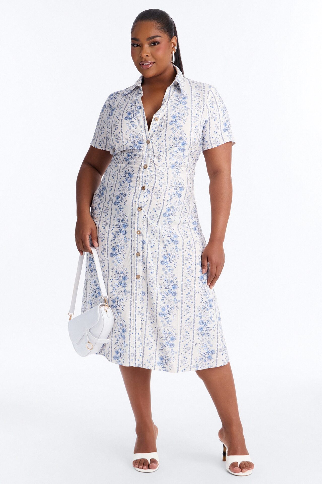 Selene Ruched Floral Midi Shirt Dress - Blue/combo
