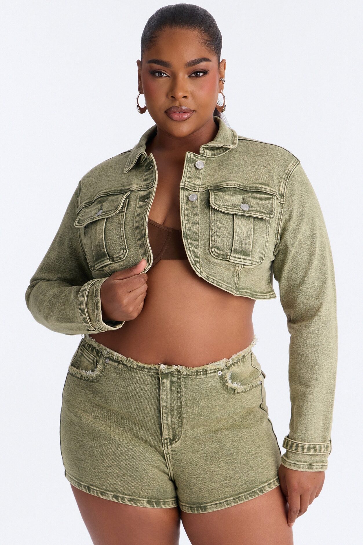 Highly Motivated Stretch Denim Bolero Jacket - Olive