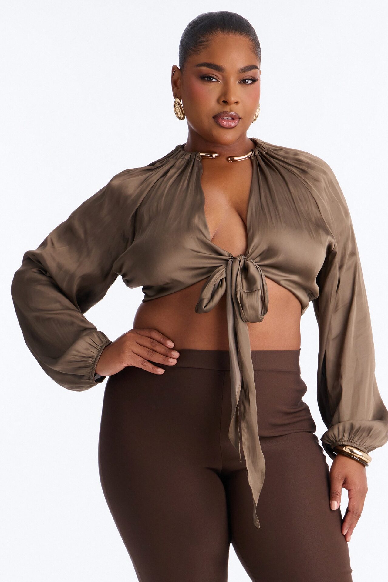 Azaria Hardware Neckline Satin Blouse - Olive