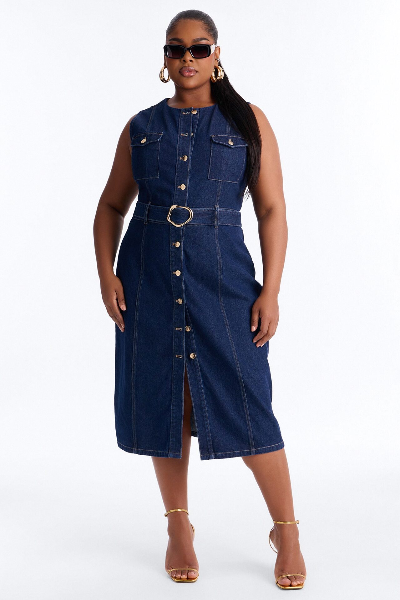 Isla Belted Denim Midi Dress - Dark Wash