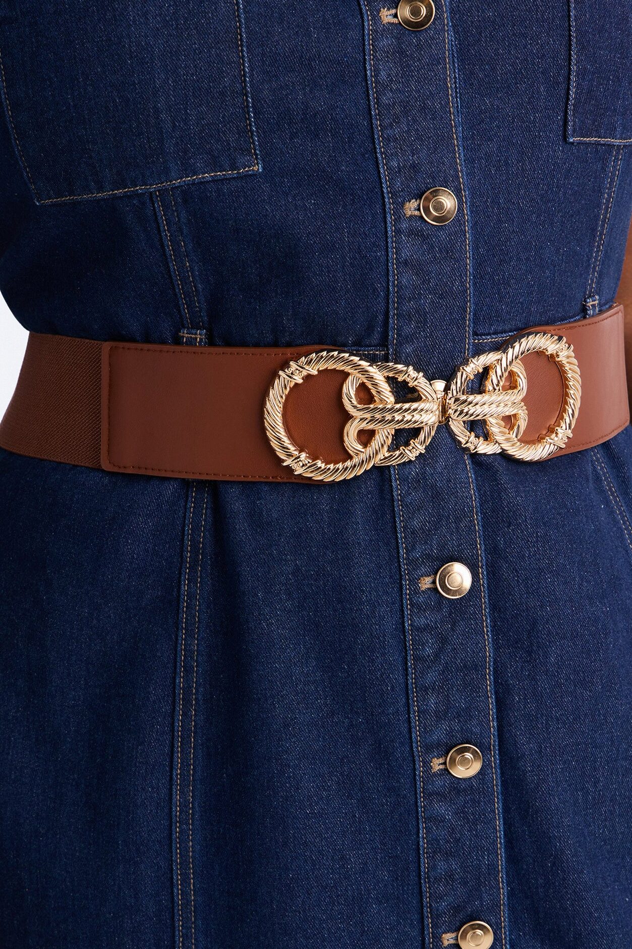 Rings And Rings Faux Leather Wide Stretch Belt - Cognac