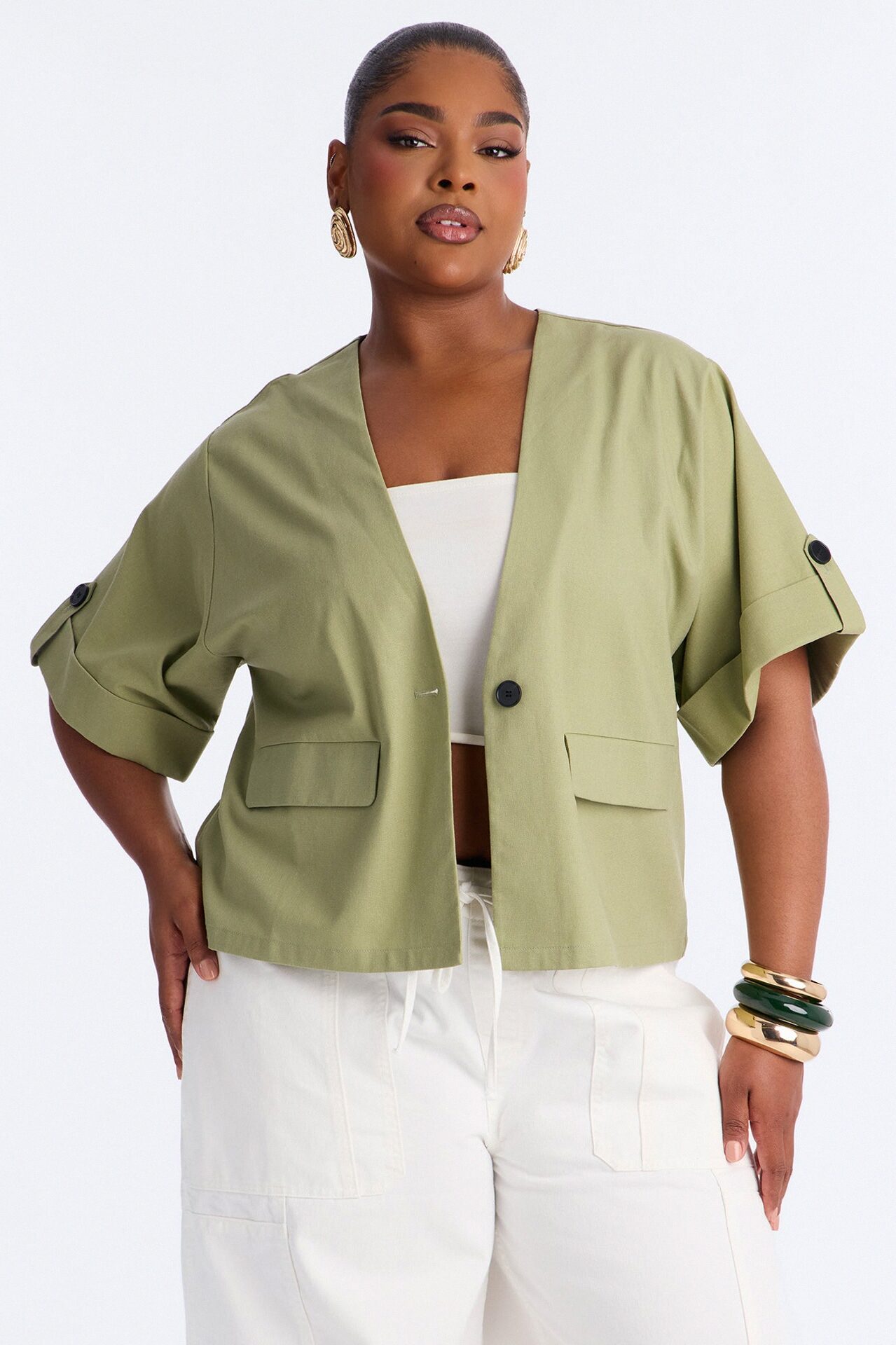 Ready When You Are Cuffed Linen Top - Olive