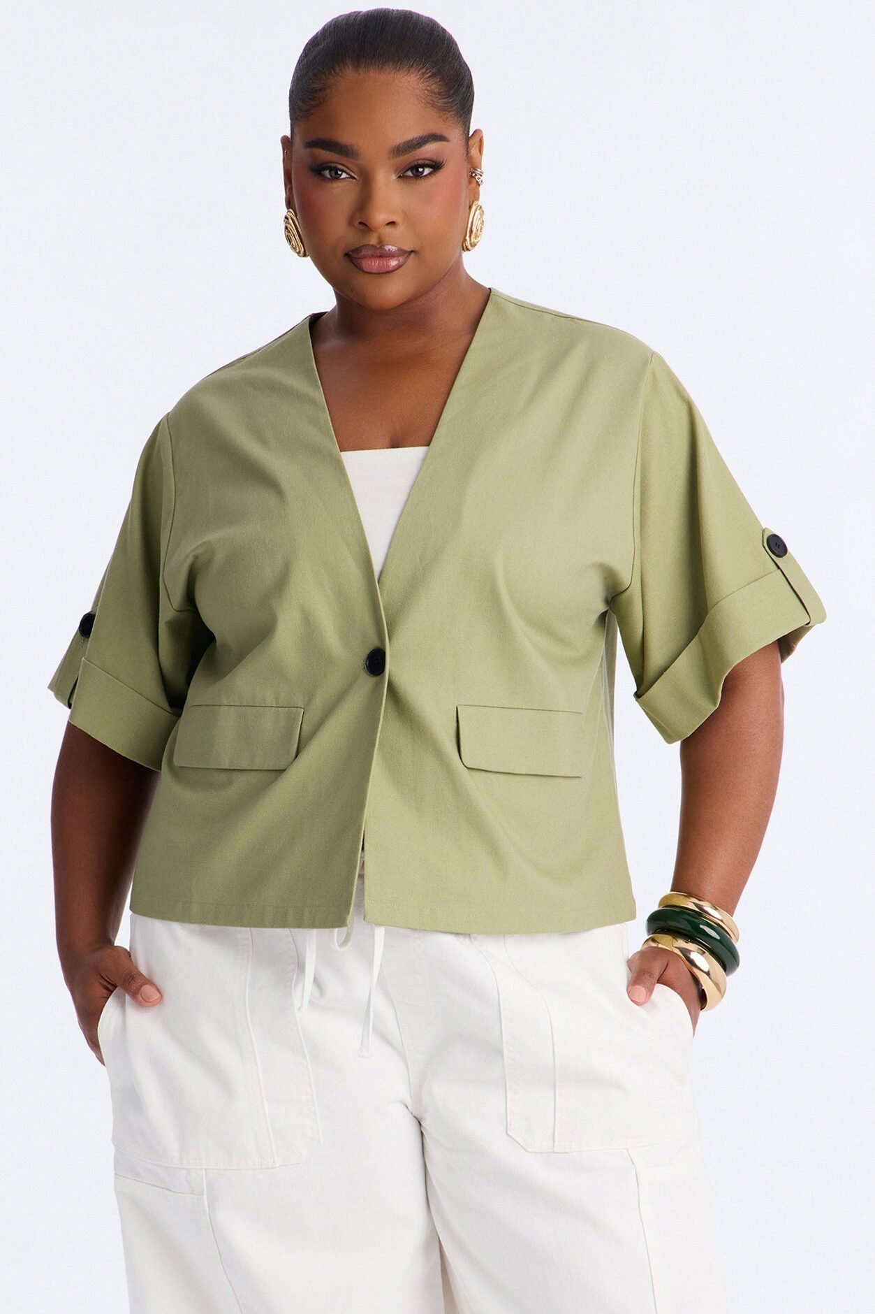 Ready When You Are Cuffed Linen Top - Olive