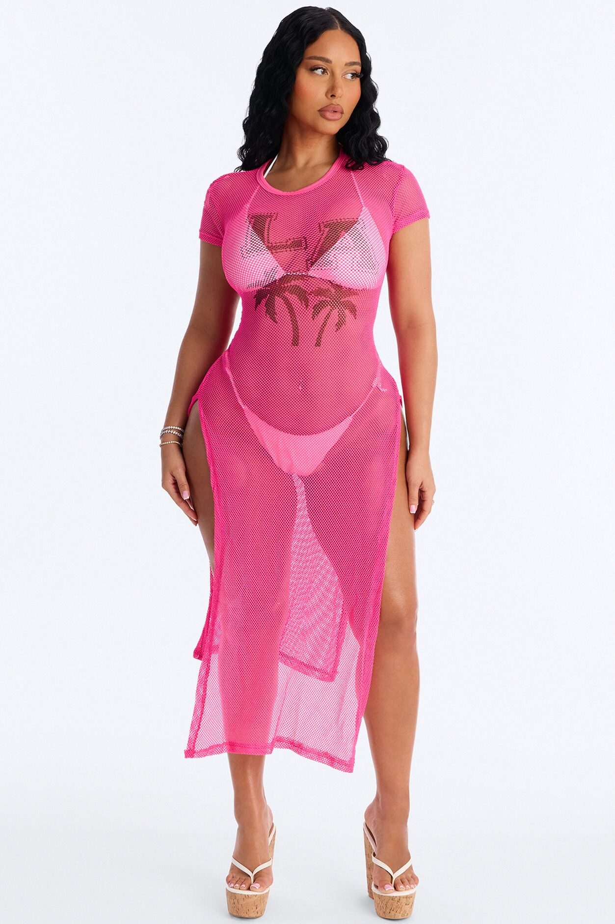 LA Nights Fishnet Cover Up Dress - Pink