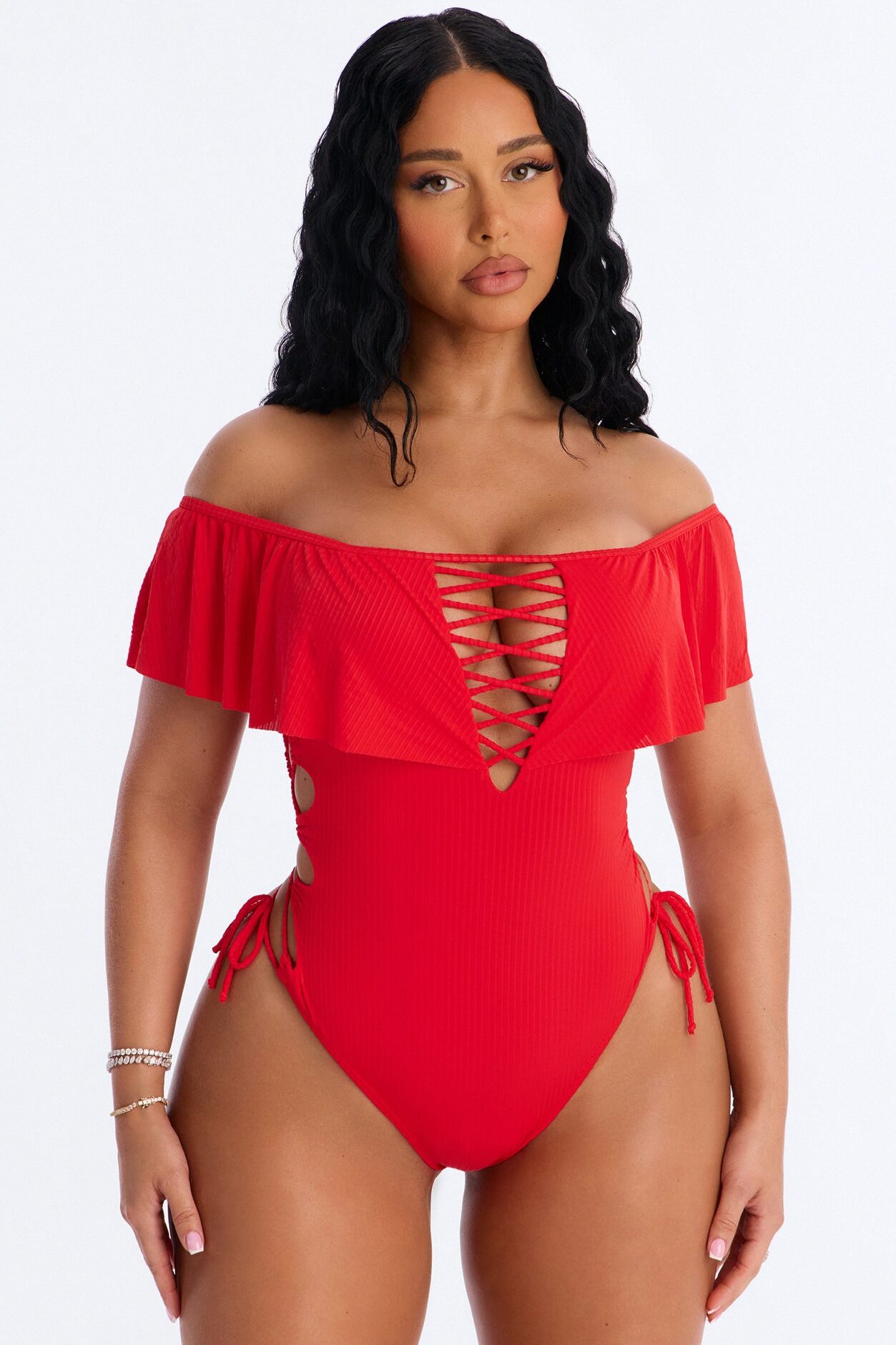 Take One Shoulder Ruffle Sleeve Lace Down Ribbed 1 Piece Swimsuit - Red
