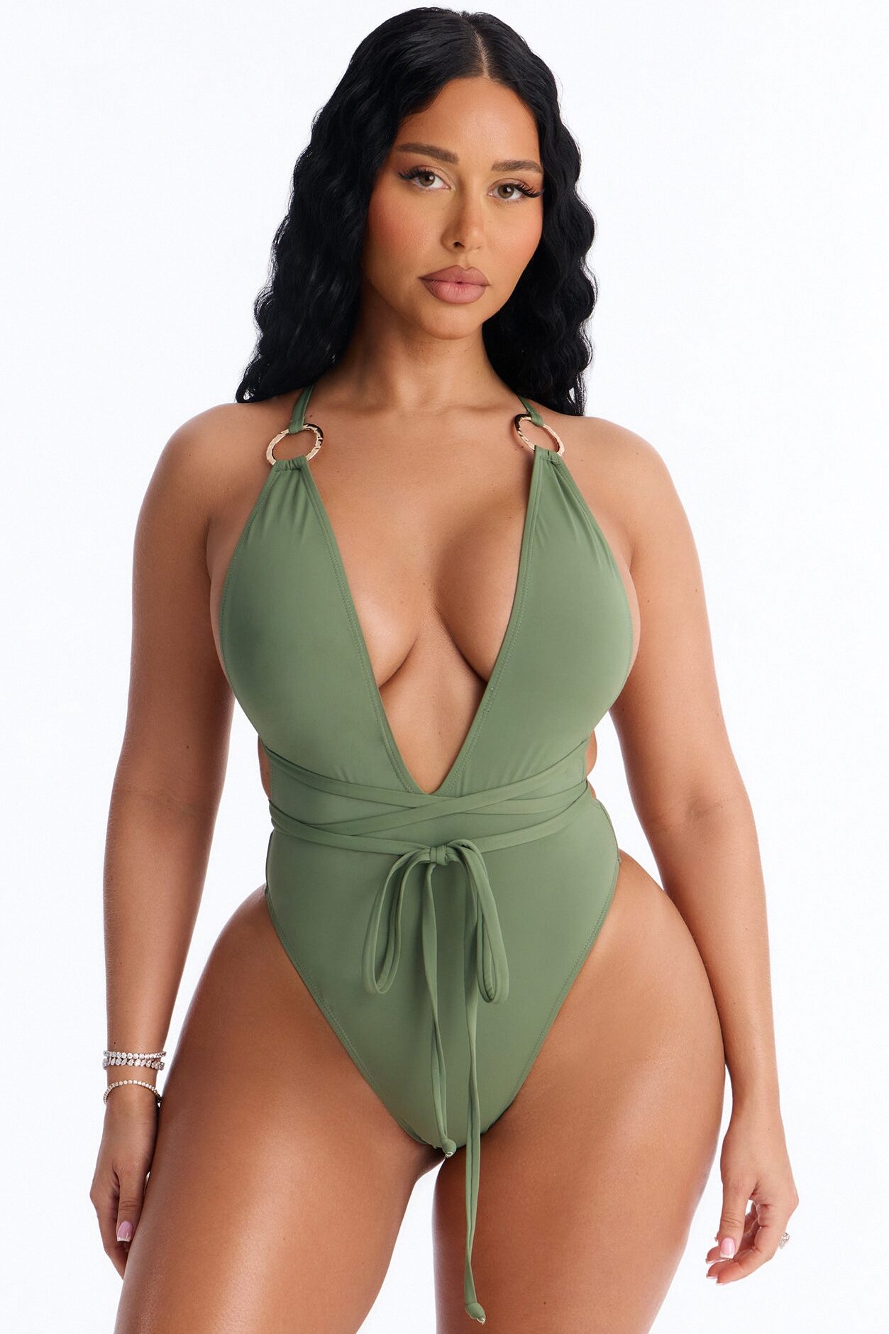 Deep In The Shore Strappy 1 Piece Plunge Swimsuit - Green