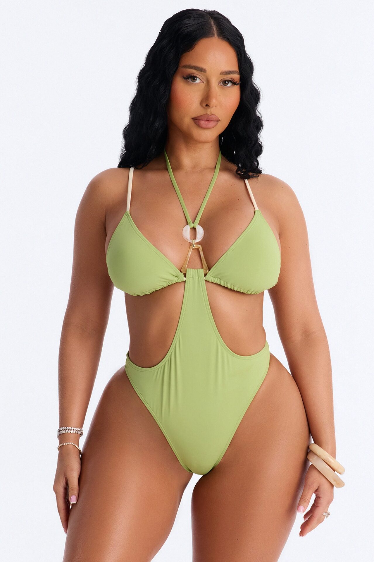 All Summer 1 Piece Triangle Cut Out Swimsuit - Sage