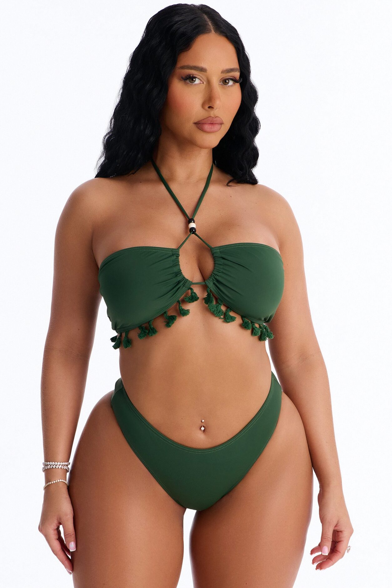 Soaking It In 3 Piece Tassel Bandeau Bikini & Cover Up Sarong Sunsuit - Olive
