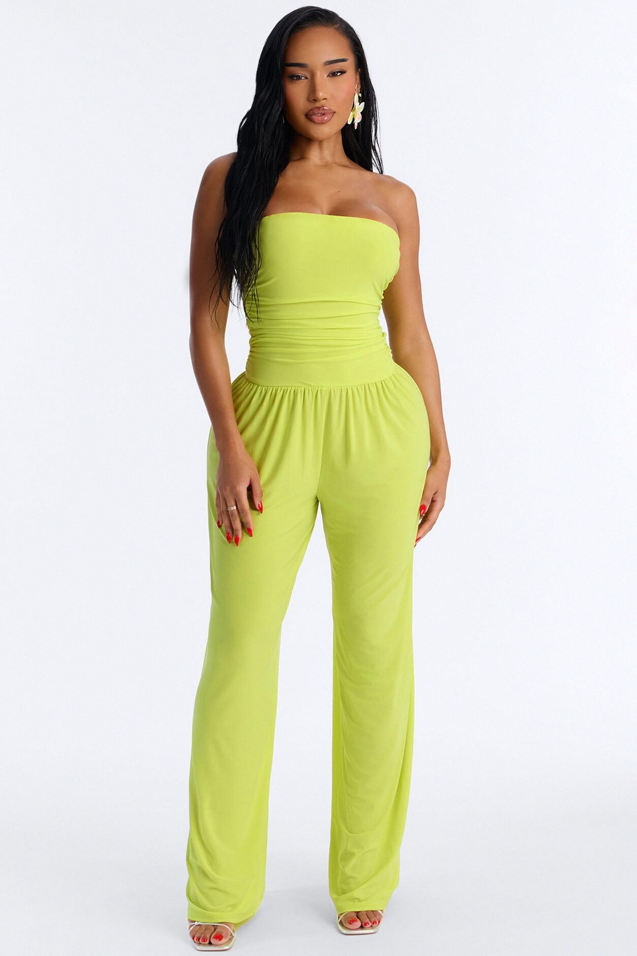 Cierra Ruched Strapless Jumpsuit - Lime