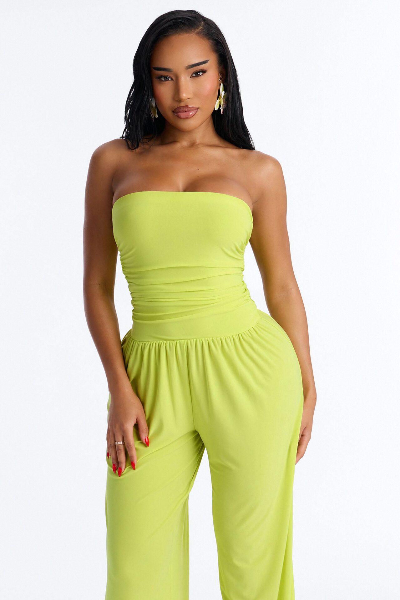 Cierra Ruched Strapless Jumpsuit - Lime
