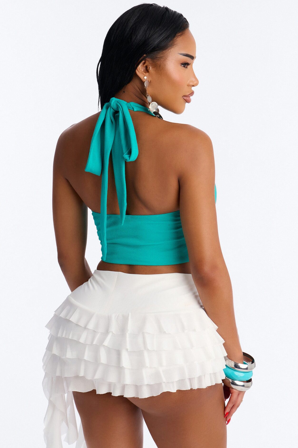 Haley Hardware Ruched Ribbed Halter Top - Blue
