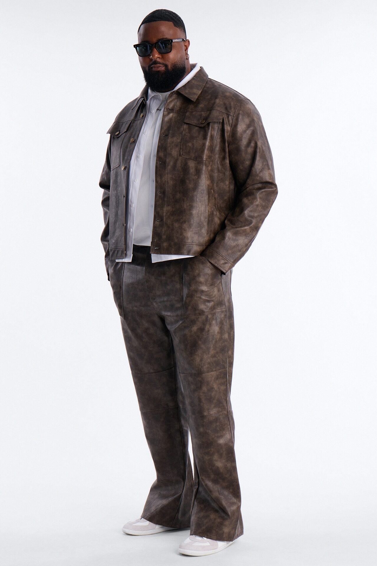 Stone Grained Faux Leather Trucker Jacket - Brown