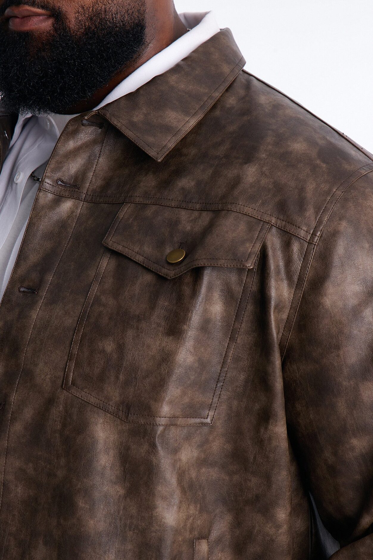 Stone Grained Faux Leather Trucker Jacket - Brown