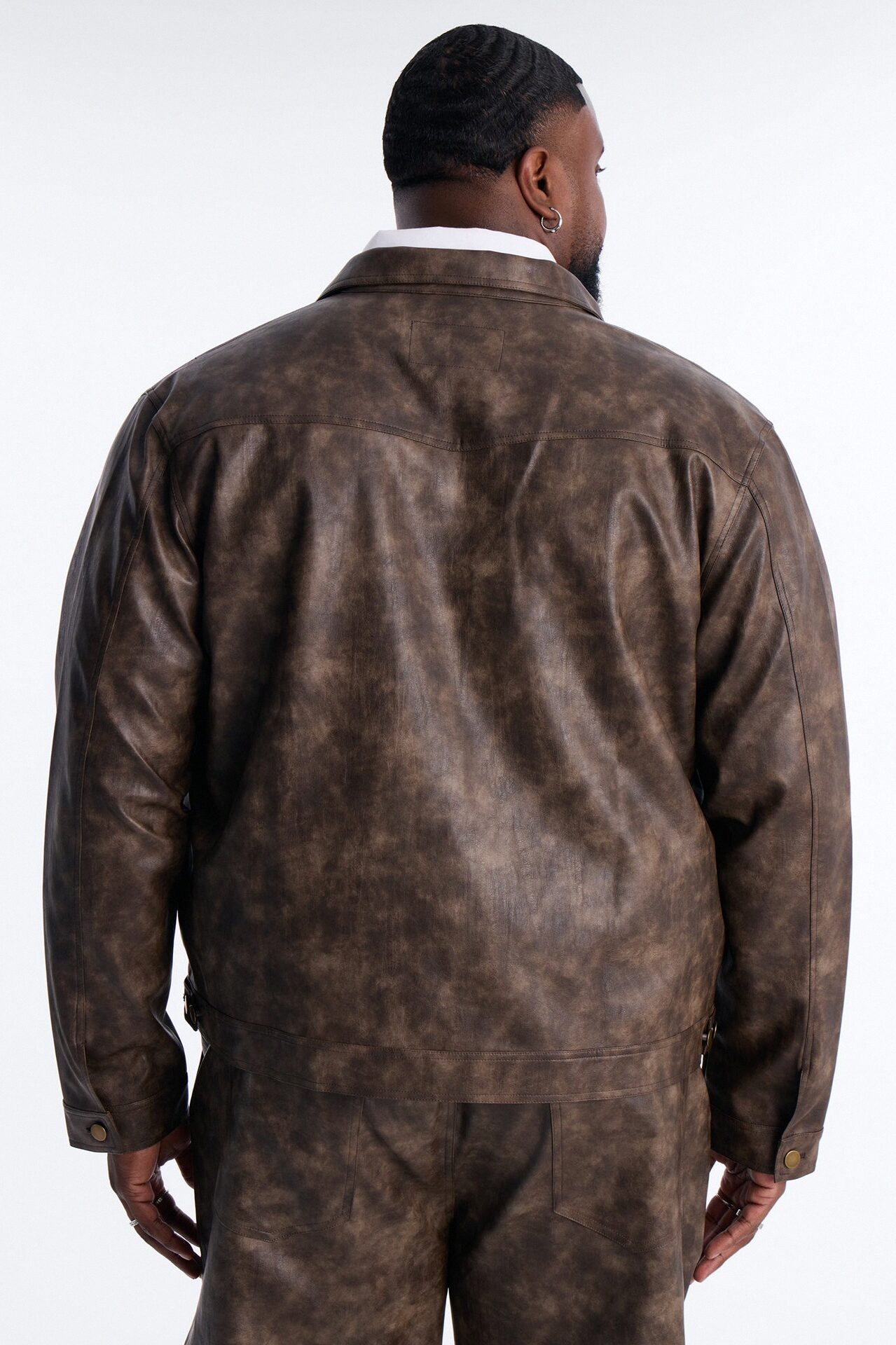 Stone Grained Faux Leather Trucker Jacket - Brown