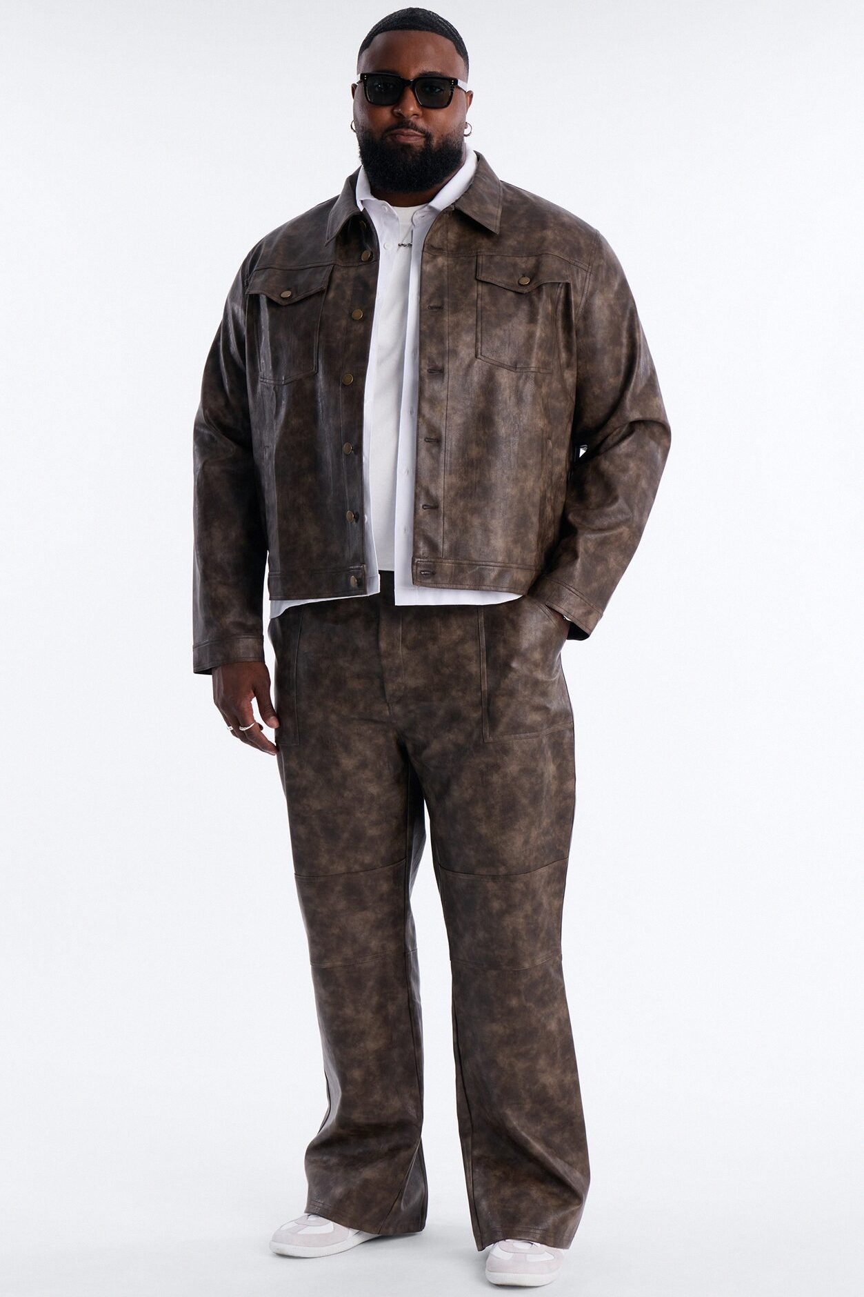 Straight Flared Stone Grained Faux Leather Zip Pant - Brown