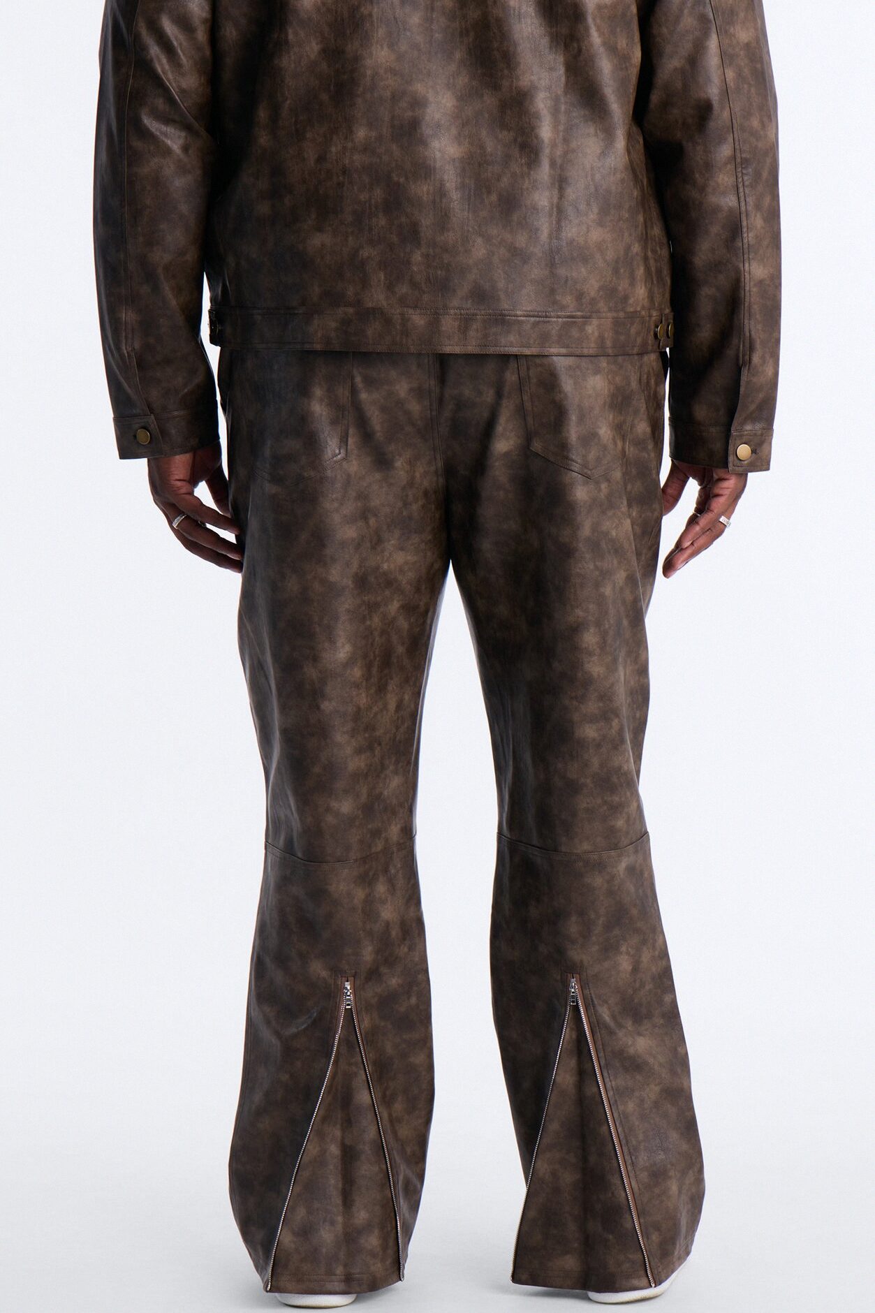 Straight Flared Stone Grained Faux Leather Zip Pant - Brown