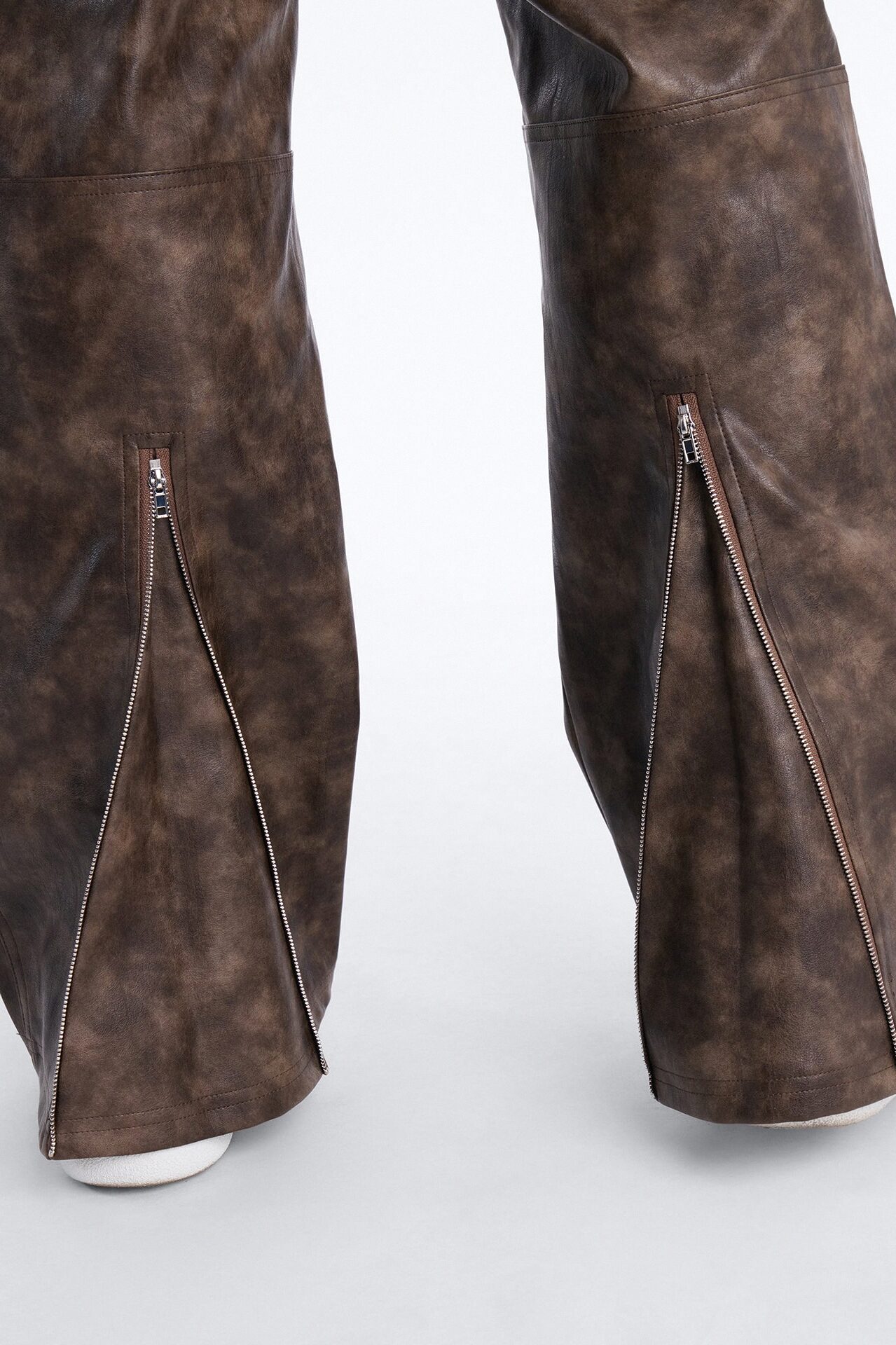 Straight Flared Stone Grained Faux Leather Zip Pant - Brown