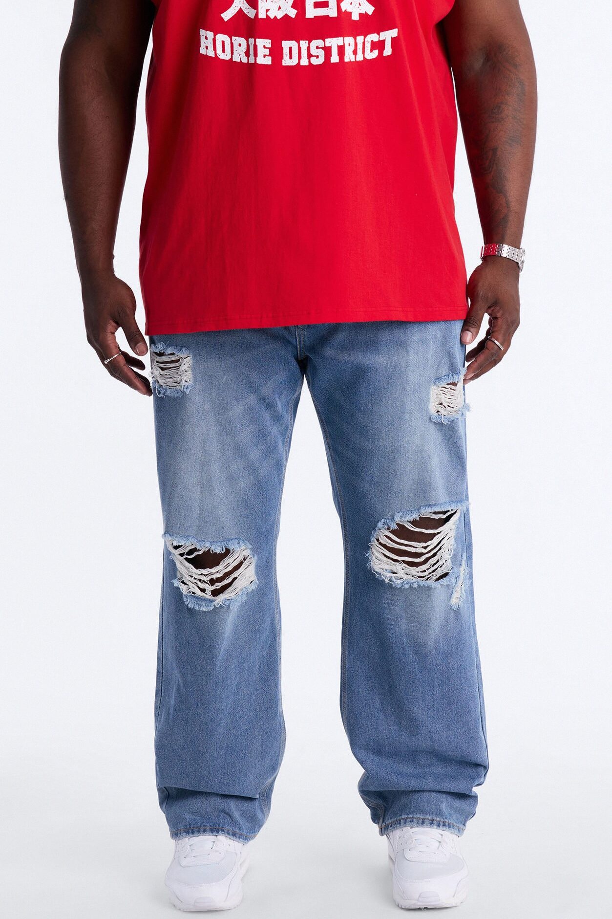 Essential Destroyed Straight Rigid Jean - Medium Blue Wash