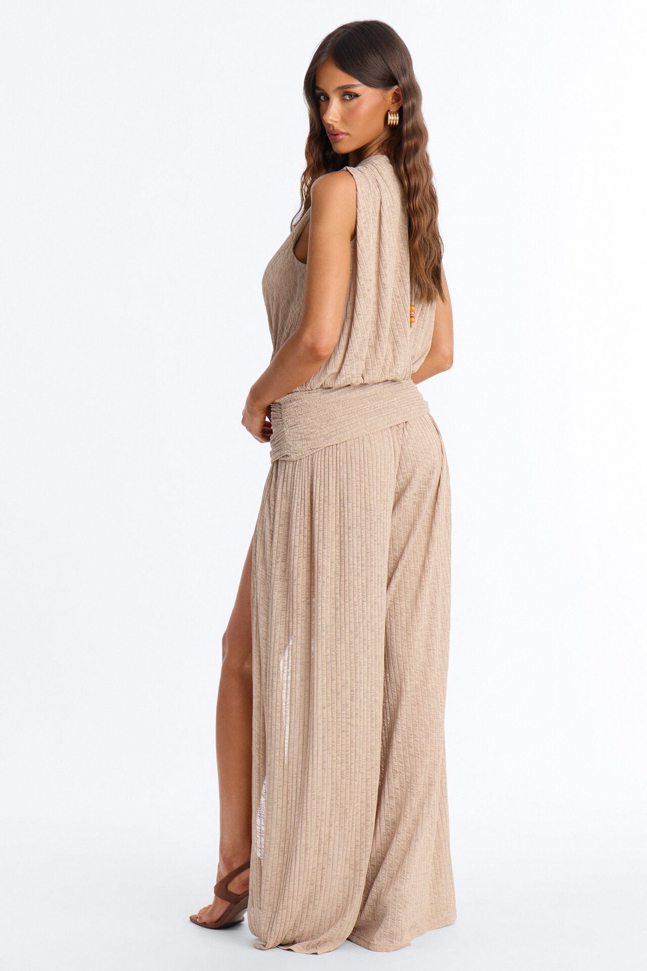 Romy Beaded Wide Leg Slit Jumpsuit - Taupe