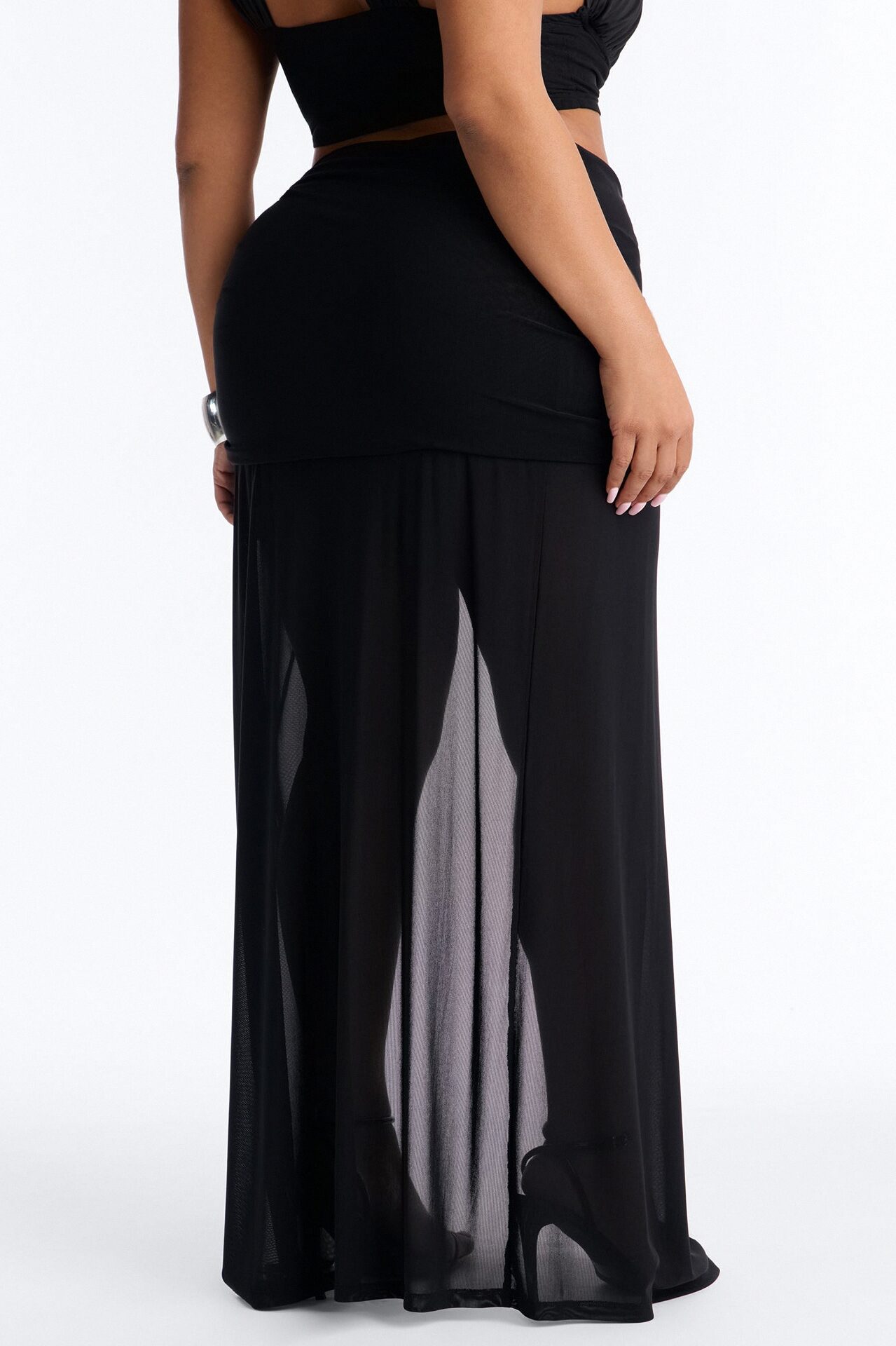 Stolen Moments Ruched Slit Mesh Maxi Skirt - Black