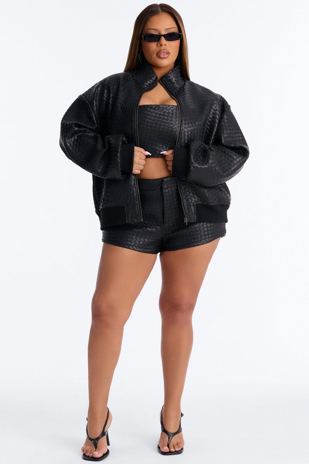 Vivian Woven Faux Leather Bomber Jacket - Black