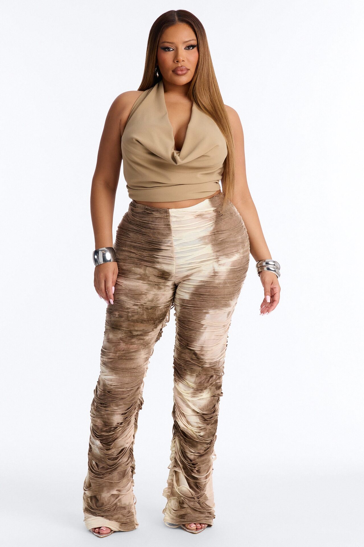 Kaia Distressed Low Rise Skinny Stacked Pant - Cream/combo
