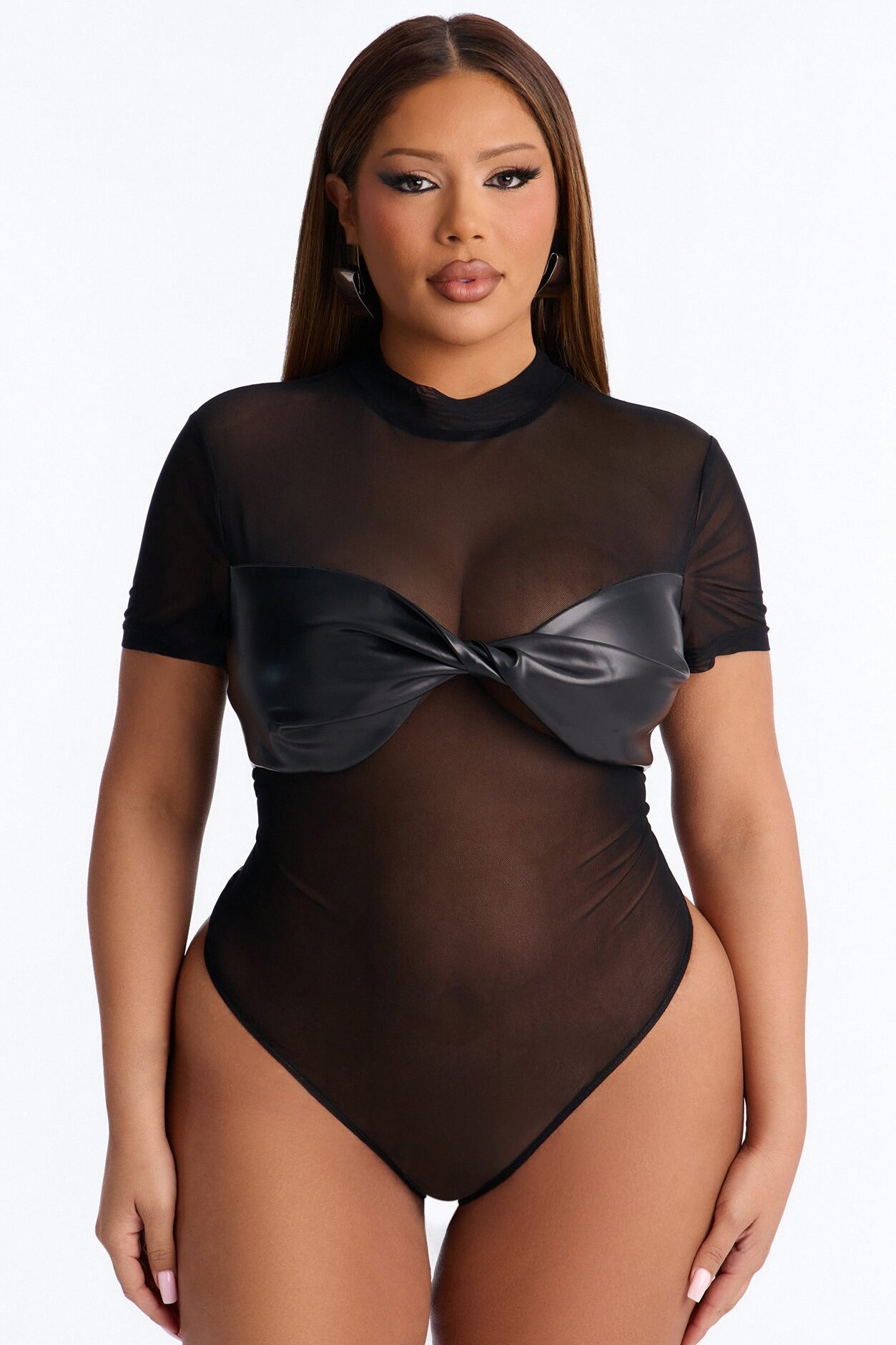 Best Of Luck Short Sleeve Twist Mesh Bodysuit - Black