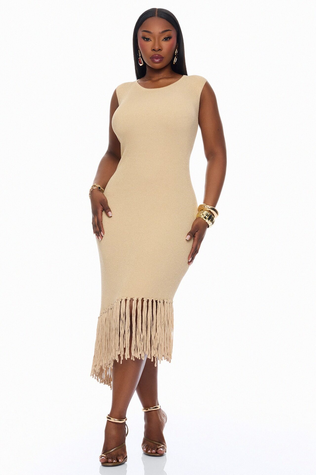 Mariah Fringe Metallic Knit Midi Dress - Gold